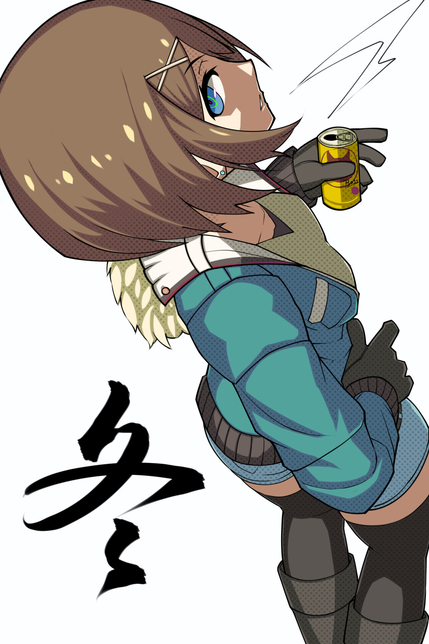 1girl absurdres bangs black_gloves black_legwear blue_eyes boots breasts brown_hair coat coffee drink earrings eyebrows_visible_through_hair from_above fur_coat gloves hair_ornament hairclip highres holding jacket jewelry kantai_collection karasuma_kuraha long_sleeves looking_at_viewer looking_back maya_(kantai_collection) medium_breasts short_hair shorts simple_background solo standing teeth text_focus translation_request white_background winter_clothes