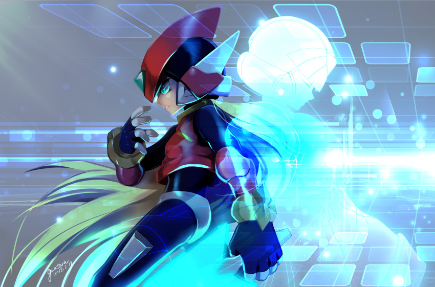 androgynous android bishounen blonde_hair blue_eyes closed_eyes energy_blade energy_sword guutara helmet highres holding holding_weapon long_hair male_focus rockman rockman_zero solo sword weapon x_(rockman) zero_(rockman)