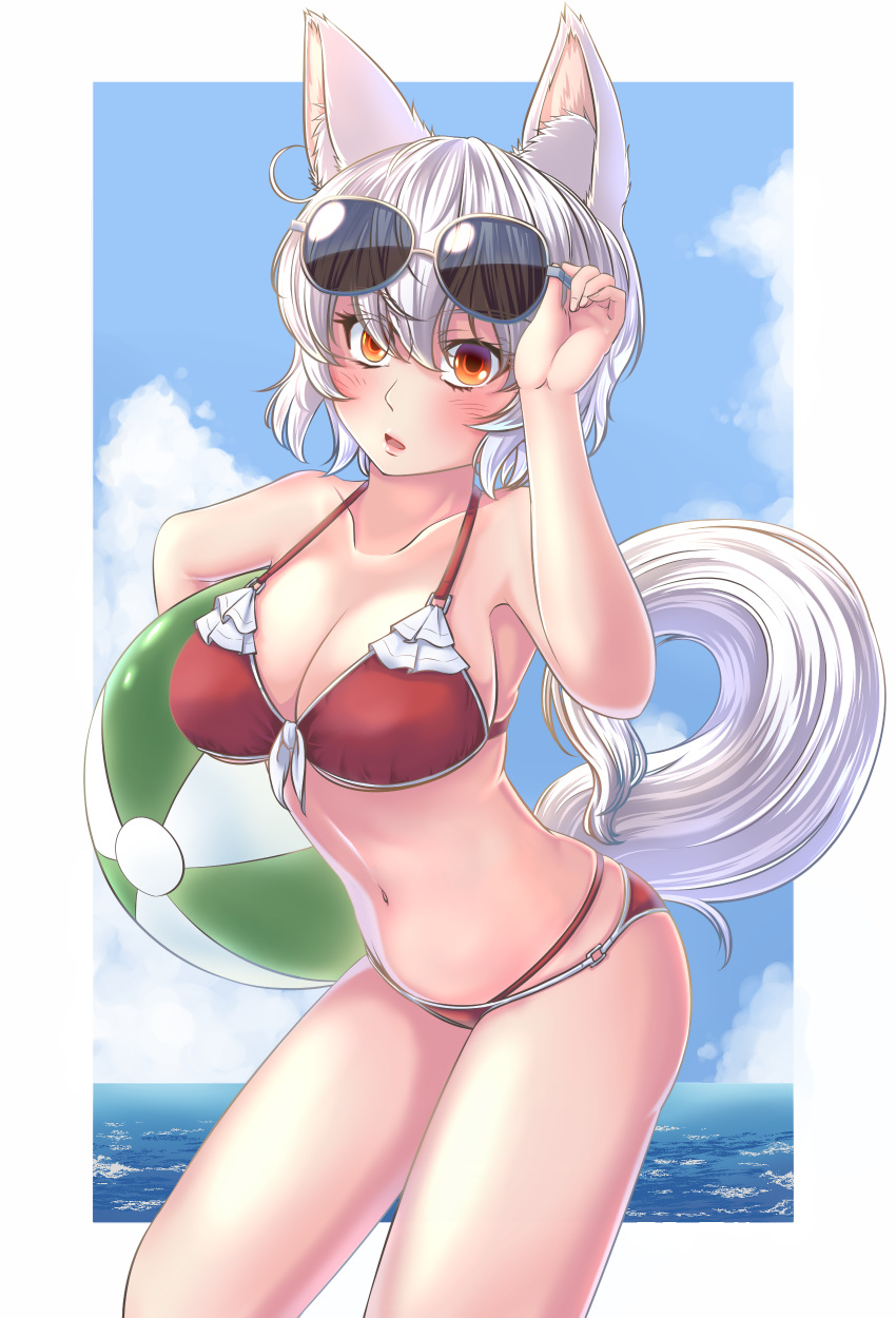 absurdres animal_ear_fluff animal_ears bikini blush breasts collarbone day frilled_bikini frills highres inubashiri_momiji kouno_ibuki large_breasts looking_at_viewer navel ocean open_mouth red_bikini red_eyes short_hair silver_hair solo sunglasses swimsuit tail touhou water wolf_ears wolf_tail