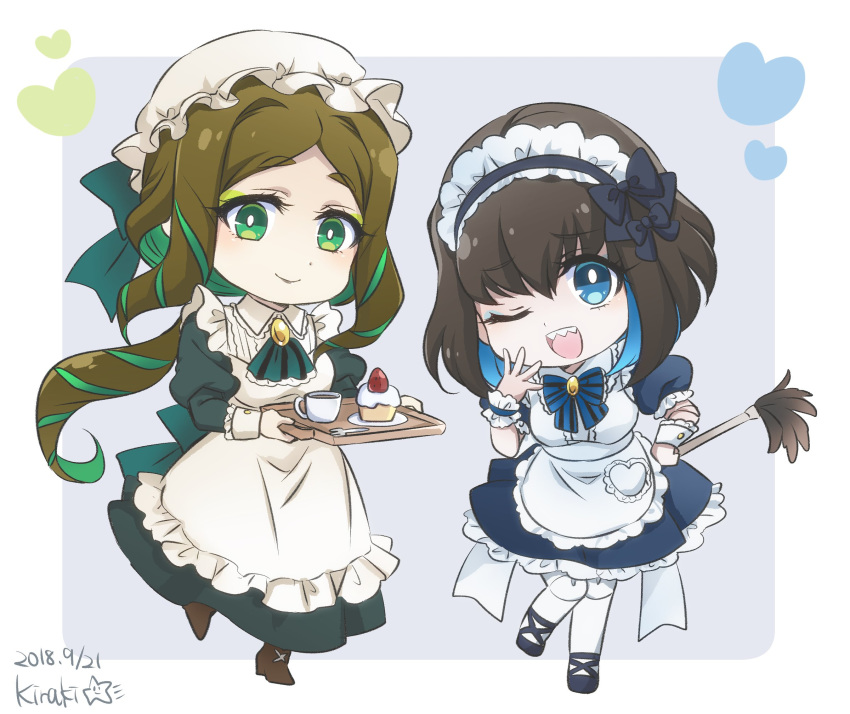 ;d apron artist_name black_hair blue_eyes blue_hair boots bow brown_hair cake chibi cup dated doll_joints dress eyeshadow food garie_tuman green_eyes green_hair hairband hat heart highres kiraki long_hair long_sleeves looking_at_viewer maid maid_apron maid_cap maid_headdress makeup mary_janes mob_cap multicolored_hair multiple_girls one_eye_closed open_mouth pale_skin phara_suyuf puffy_short_sleeves puffy_sleeves senki_zesshou_symphogear sharp_teeth shoes short_hair short_sleeves smile teacup teeth tray two-tone_hair wrist_cuffs