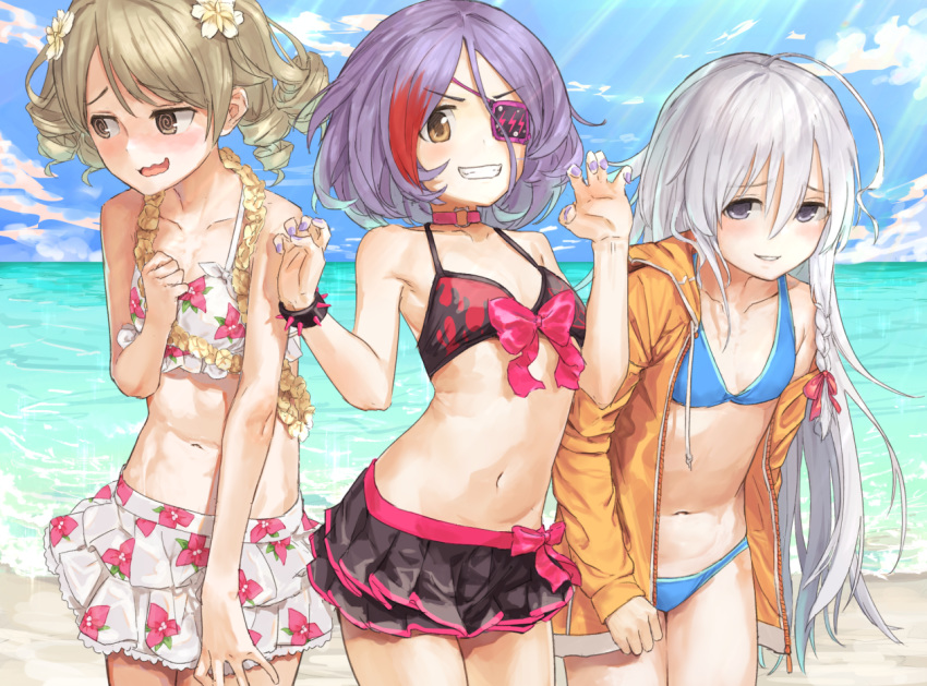 @_@ ahoge bangs bare_legs beach bikini bikini_skirt bikini_top bionekojita black_bikini blonde_hair blue_bikini blue_sky blush bow bracelet breasts brown_eyes claw_pose cloud cloudy_sky cowboy_shot day drill_hair eyebrows_visible_through_hair eyepatch flower frilled_bikini frills front-tie_bikini front-tie_top hair_flower hair_ornament hayasaka_mirei hood hood_down hoodie hoshi_shouko idolmaster idolmaster_cinderella_girls individuals jacket jacket_over_swimsuit jewelry light_rays long_hair looking_at_viewer morikubo_nono multicolored_hair multiple_girls nail_polish navel ocean outdoors paw_pose pink_bow purple_hair purple_nails red_hair silver_hair sky small_breasts smile spikes swimsuit teeth water yellow_eyes yellow_jacket