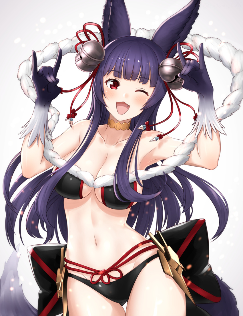 ;d animal_ears armpits ass_visible_through_thighs bangs bell blunt_bangs blush breasts choker erune eyebrows_visible_through_hair fang flower_knot fox_ears fox_girl fox_shadow_puppet fox_tail fur_trim futami_(mg42fw190d) gradient gradient_background granblue_fantasy grey_background hair_bell hair_ornament highres jingle_bell long_hair looking_at_viewer medium_breasts one_eye_closed open_mouth purple_hair red_eyes smile solo tail tassel yellow_choker yuel_(granblue_fantasy)