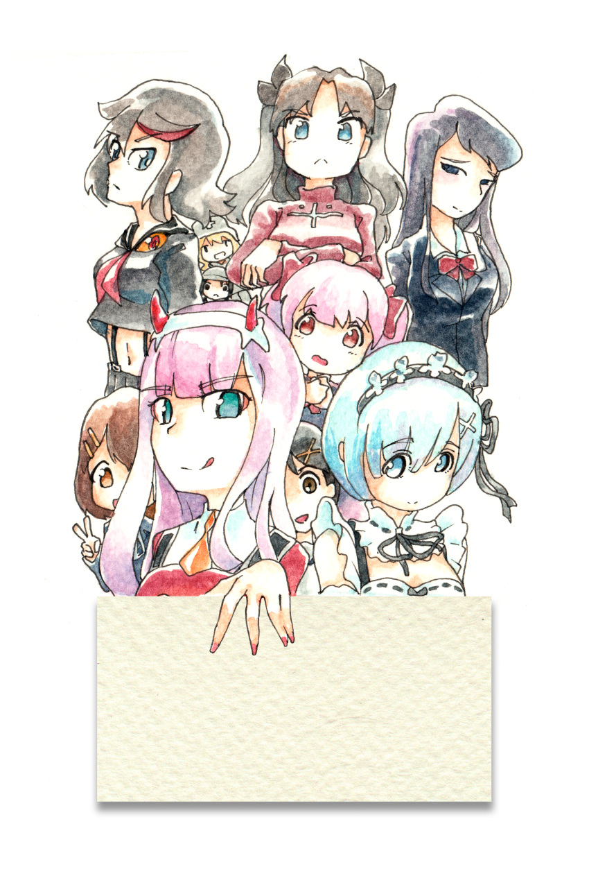 absurdres black_hair blue_hair chito_(shoujo_shuumatsu_ryokou) crossover fuura_kafuka highres hirasawa_yui huge_filesize kaname_madoka komi_shouko matoi_ryuuko multiple_girls pink_hair pompmaker1 rem_(re:zero) toosaka_rin yuuri_(shoujo_shuumatsu_ryokou) zero_two_(darling_in_the_franxx)