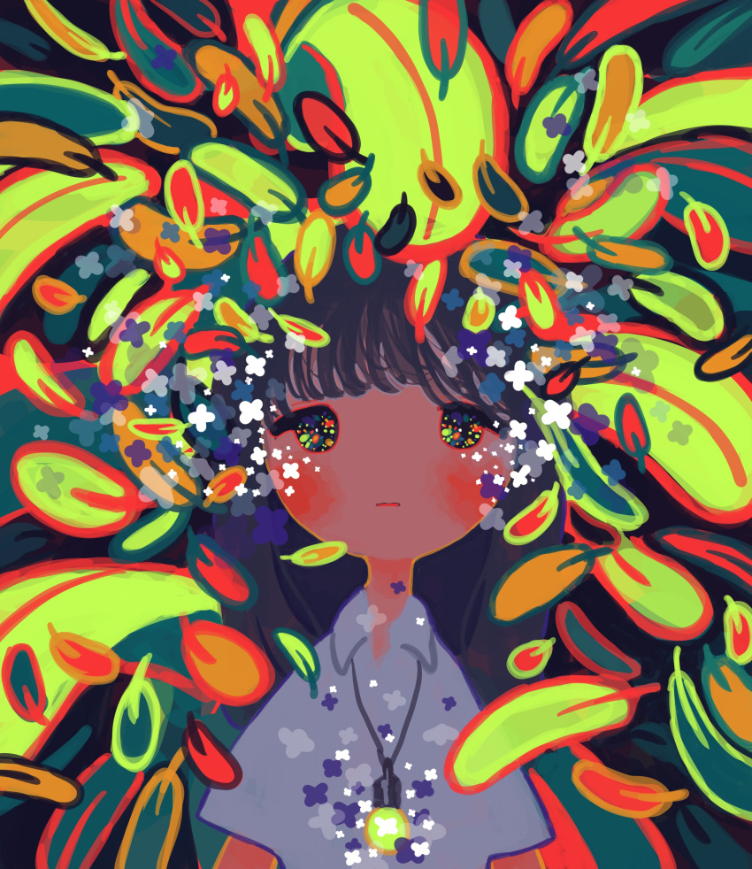 1girl abstract absurdres bangs black_hair blush collared_shirt flower glowing highres jewelry leaf long_hair looking_at_viewer necklace no_nose original shirt sizucomaru solo upper_body white_shirt