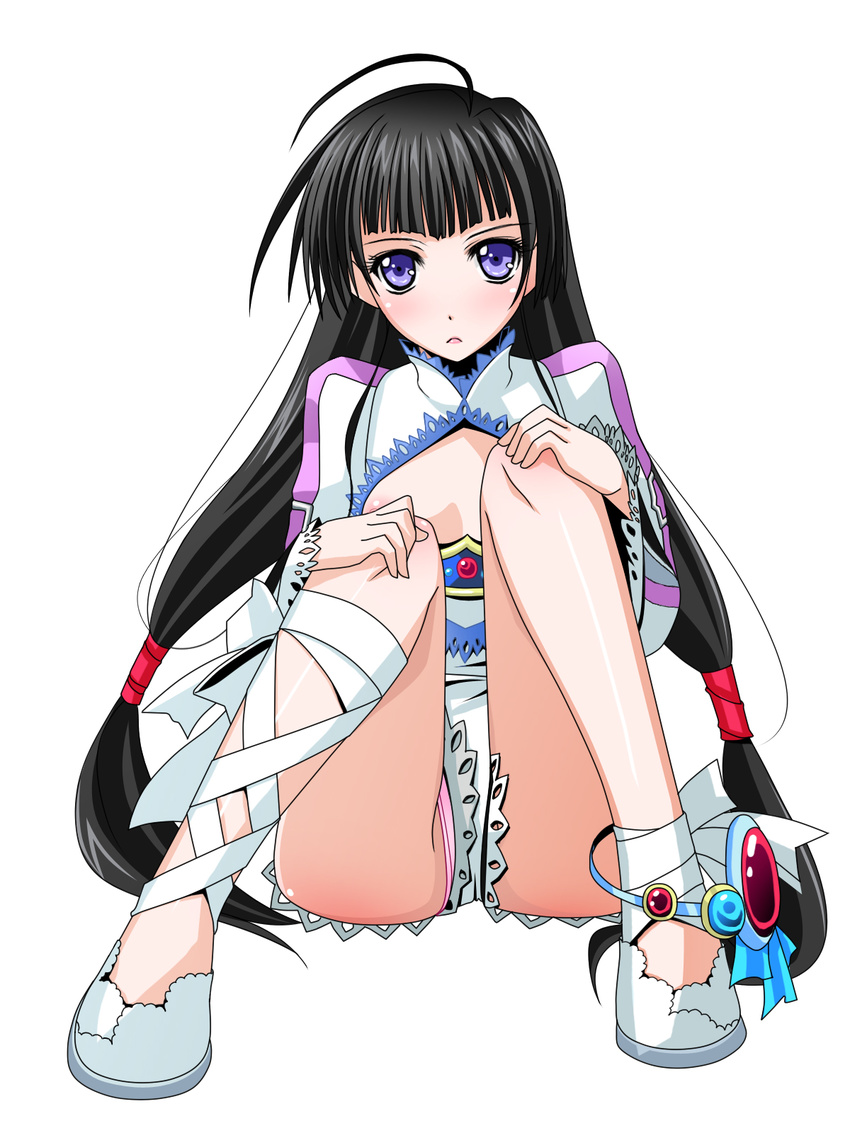 bare_legs black_hair blue_eyes highres ichimedoo kohak_hearts legs long_hair low-tied_long_hair panties panty_peek solo tales_of_(series) tales_of_hearts twintails underwear white_background