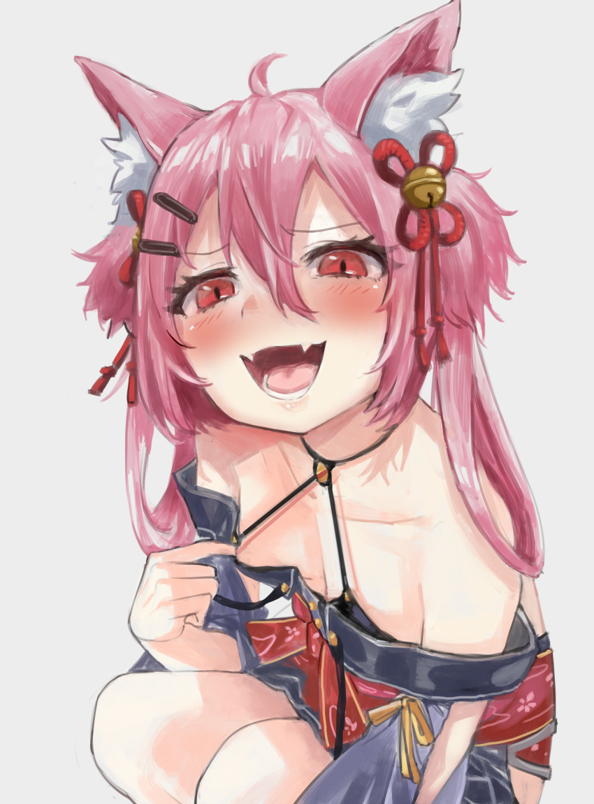 :d ahoge animal_ear_fluff animal_ears azur_lane bangs bare_shoulders bell blush breasts cat_ears collarbone downblouse eyebrows_visible_through_hair fangs hair_bell hair_between_eyes hair_ornament hair_rings halterneck hatsushimo_(azur_lane) highres jingle_bell long_hair okbnkn open_mouth pink_hair red_eyes small_breasts smile solo teeth