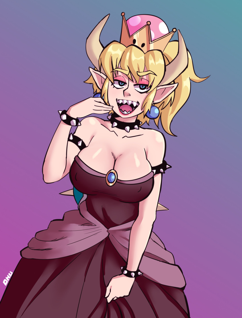 2018 5_fingers alternate_species animal_humanoid armband big_breasts blonde_hair blue_eyes bowser bowsette breasts cleavage clothed clothing collar crossgender crown dress ear_piercing female grin hair hi_res horn horned_humanoid humanoid humanoidized looking_at_viewer mario_bros nintendo nipples ohu piercing pointy_ears post_transformation reptile reptile_humanoid scalie shell simple_background smile solo spiked_collar spiked_shell spikes video_games