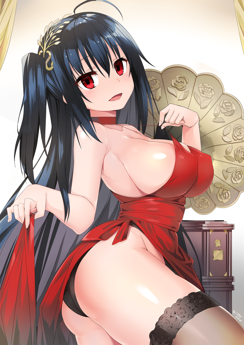 :d ass azur_lane bangs bare_shoulders black_hair black_panties blush brown_legwear chinese_commentary choker cocktail_dress collarbone commentary_request covered_nipples dress eyebrows_visible_through_hair fang fingernails groin hair_between_eyes hair_ornament head_tilt highres lifted_by_self long_hair looking_at_viewer looking_to_the_side nekomicha one_side_up open_mouth panties phonograph red_choker red_dress red_eyes see-through smile solo strap_lift taihou_(azur_lane) thighhighs underwear very_long_hair