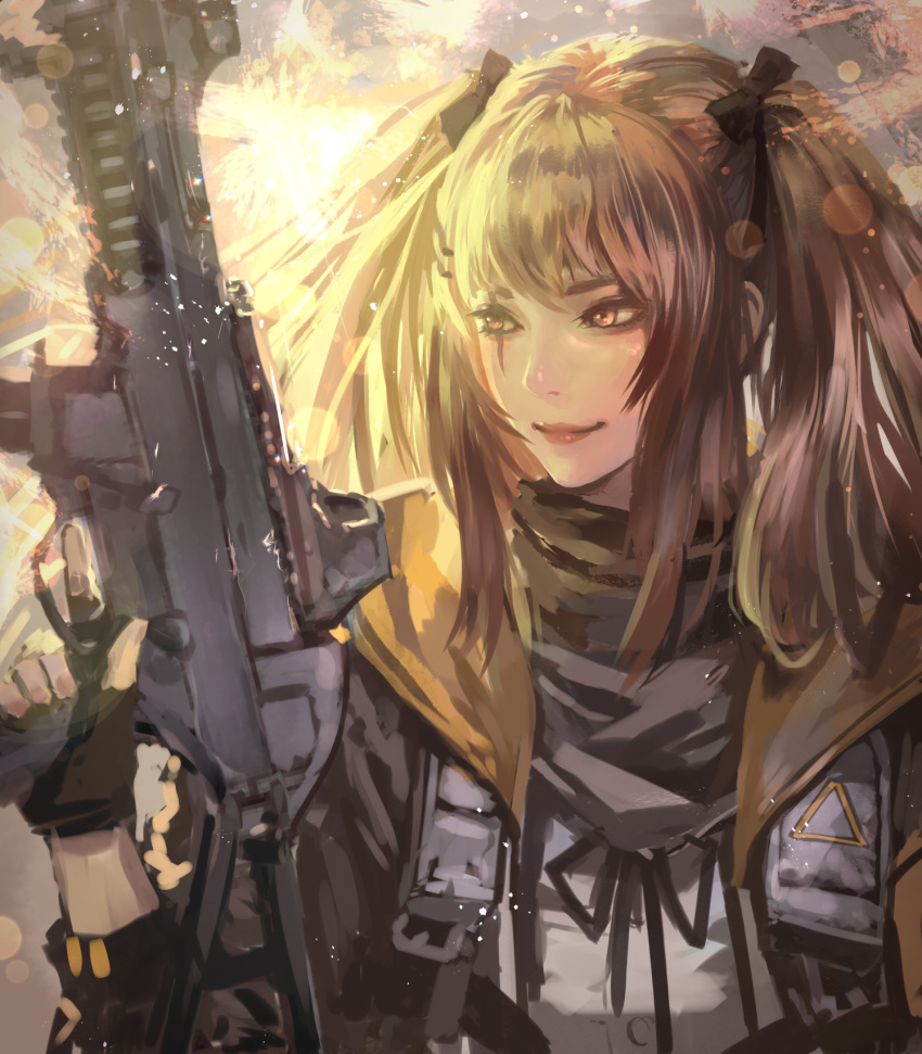 black_jacket black_ribbon brown_hair closed_mouth commentary_request fingerless_gloves girls_frontline gloves gun highres holding holding_gun holding_weapon hood hooded_jacket jacket kaburagi_yasutaka red_lips ribbon rifle scar scar_across_eye scarf smile twintails ump9_(girls_frontline) weapon