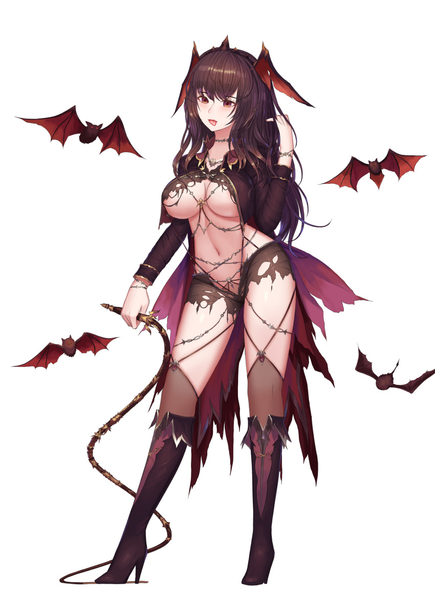absurdres bat black_footwear boots breasts brown_eyes brown_hair cleavage full_body hand_up head_wings highres knee_boots navel original revealing_clothes rinmmo thighs tongue tongue_out torn_clothes torn_legwear underboob whip