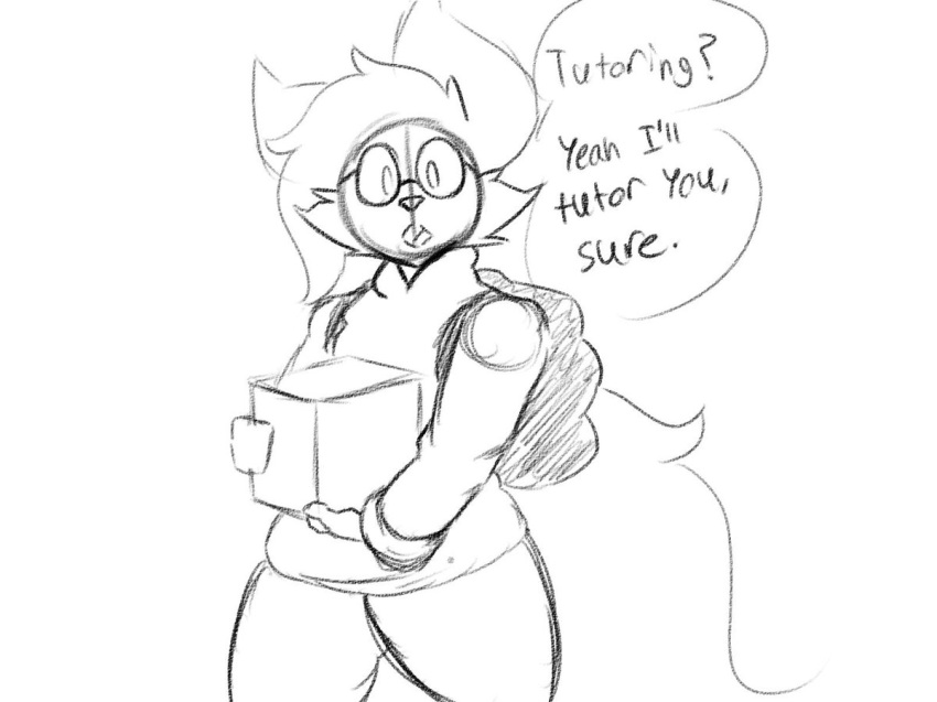 2018 ambiguous_gender anthro backpack black_and_white braixen canine clothed clothing dialogue digital_media_(artwork) english_text eyewear fur glasses looking_at_viewer mammal monochrome nintendo pok&eacute;mon pok&eacute;mon_(species) pokebraix_(artist) simple_background sketch text video_games white_background