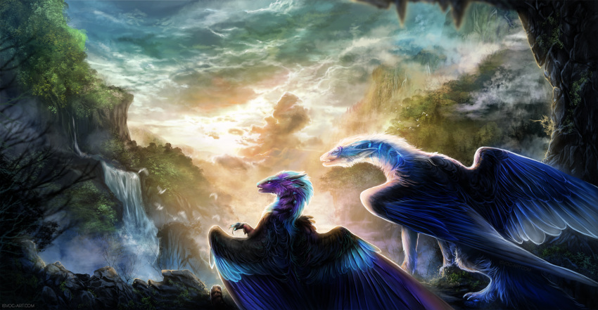2018 ambiguous_gender blue_feathers blue_fur day detailed_background digital_media_(artwork) dragon duo feathered_dragon feathered_wings feathers fur isvoc outside sky wings