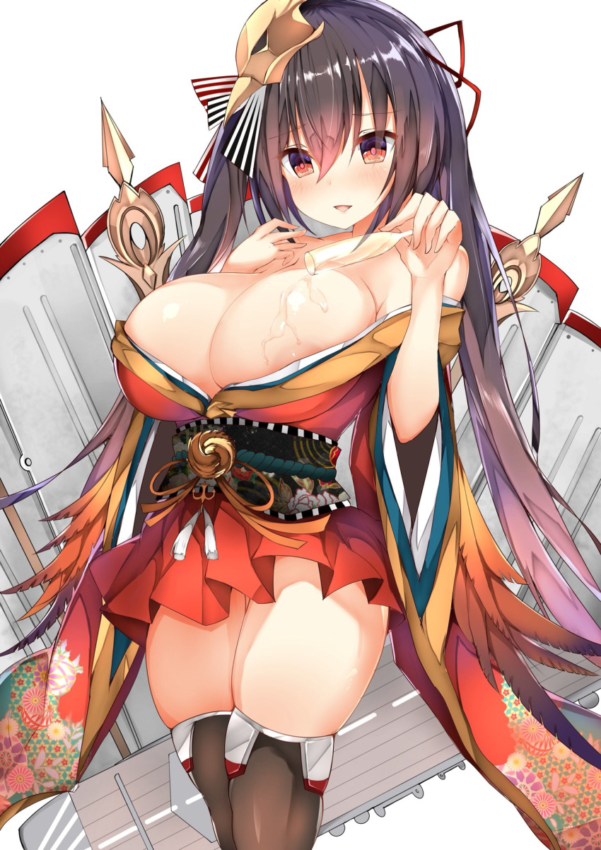ahoge alcohol areola_slip areolae azur_lane bangs bare_shoulders black_hair black_legwear blush breasts champagne champagne_flute cleavage collarbone commentary_request cup drinking_glass eyebrows_visible_through_hair eyes_visible_through_hair feathers hair_between_eyes hair_ornament hair_ribbon highres holding holding_cup huge_breasts japanese_clothes large_breasts long_hair looking_at_viewer machinery mutou_(94753939) obi open_mouth pouring red_eyes ribbon rigging sash sidelocks simple_background skindentation smile solo taihou_(azur_lane) thighhighs twintails very_long_hair white_background wide_sleeves