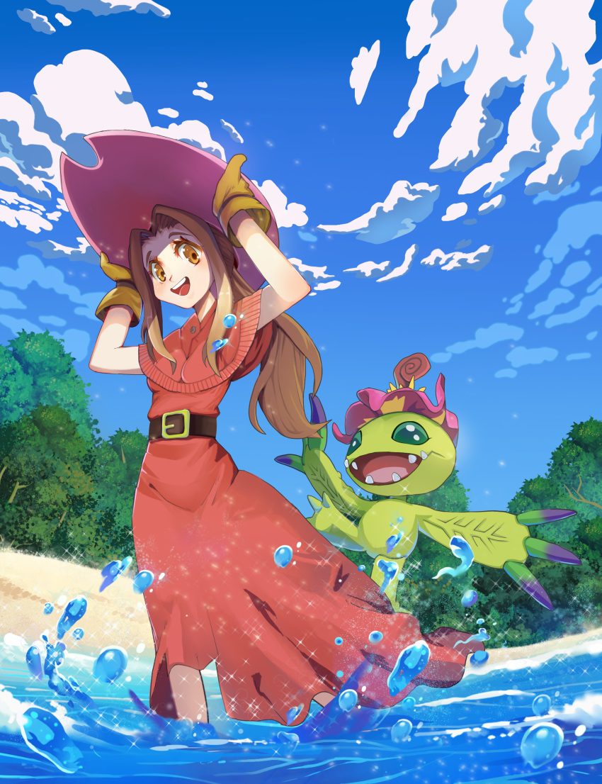 :d absurdres adjusting_headwear arms_up beach belt belt_buckle blue_sky brown_belt brown_eyes brown_hair buckle capelet cloud cloudy_sky currynoodle day digimon digimon_adventure dress gloves hair_intakes hands_on_headwear hat highres long_hair looking_at_viewer open_mouth orange_eyes outdoors palmon pink_hat ponytail red_capelet red_dress sidelocks sky smile solo sparkle sun_hat tachikawa_mimi teeth tree wading water yellow_gloves