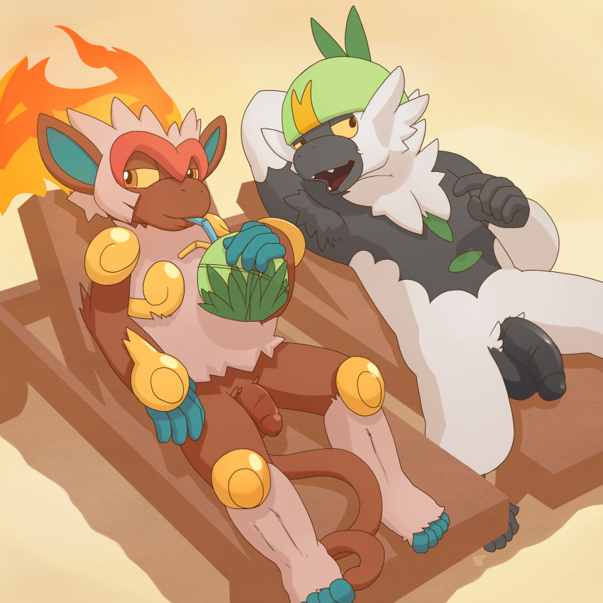 2018 anthro argon_vile balls beach beverage casual_nudity chair coconut digital_media_(artwork) drinking duo flaccid food fruit holding_beverage humanoid_penis infernape looking_aside male mammal nintendo nude passimian penis penis_size_difference pok&eacute;mon pok&eacute;mon_(species) primate reclining relaxing sand seaside smile spread_legs spreading straw uncut unretracted_foreskin video_games