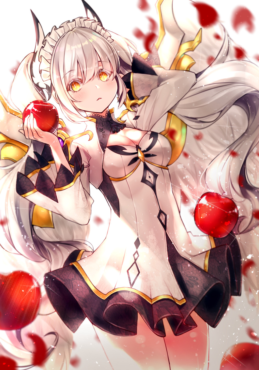apple avatar_base blush breasts cleavage dragon dragon_girl dragon_horns elsword eyebrows_visible_through_hair food fruit hand_on_own_neck headdress highres horns lium long_hair long_sleeves open_mouth original solo sparkle twintails very_long_hair white_hair wide_sleeves yellow_eyes
