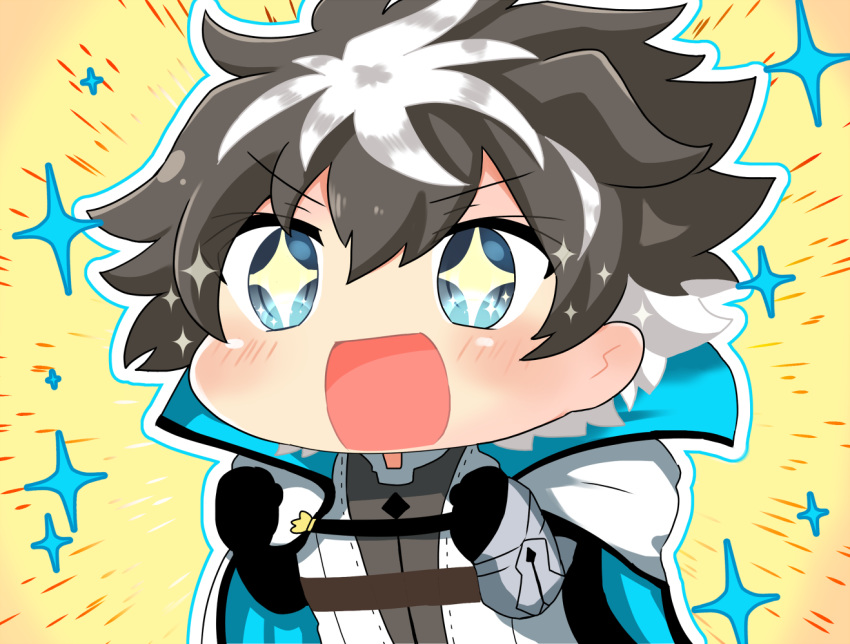 1boy black_hair blue_eyes blush cape charlemagne_(fate) chibi fate/extella fate/extella_link fate/extra fate_(series) karakuchi_muusu multicolored_hair simple_background sparkle sparkling_eyes two-tone_hair