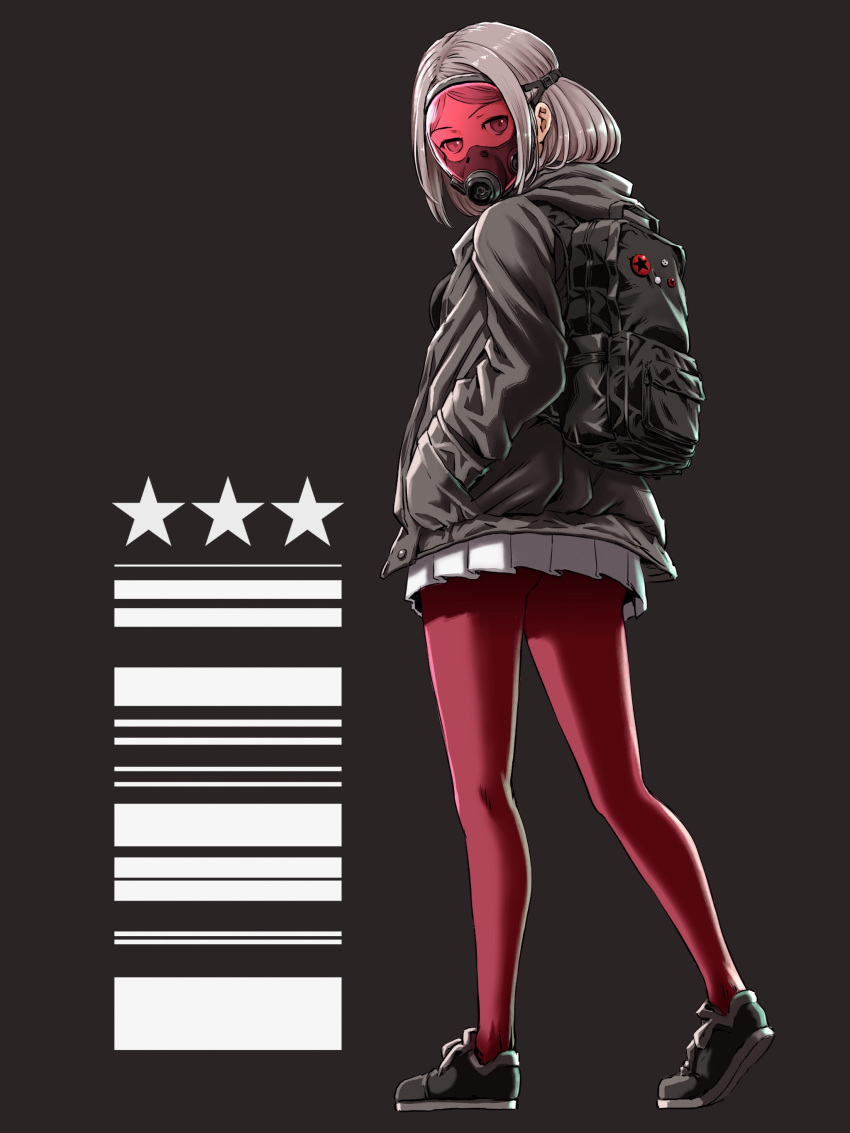 absurdres backpack bag barcode commentary_request gas_mask grey_background hands_in_pockets highres hood hood_down hooded_jacket jacket looking_at_viewer looking_back mask open_clothes open_jacket original pantyhose red_legwear shoes silver_hair skirt sneakers star ume_(yume_uta_da) walking