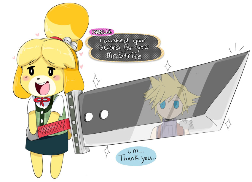 &lt;3 ... animal_crossing anthro blonde_hair blue_eyes broadsword canine cloud_strife cute dialogue dog duo english_text female fur hair happy holding_object holding_weapon human isabelle_(animal_crossing) jinu light_skin male mammal melee_weapon nintendo shih_tzu simple_background super_smash_bros super_smash_bros._ultimate sword text video_games weapon white_background yellow_fur