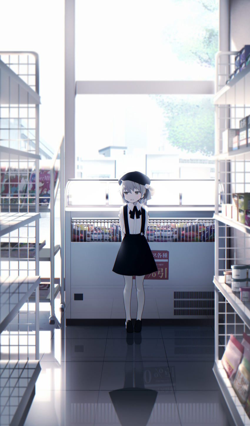 beret black_skirt blouse convenience_store grey_eyes grey_hair harau hat hatoba_tsugu hatoba_tsugu_(character) highres looking_to_the_side mole mole_under_eye open_mouth reflective_floor shop skirt suspender_skirt suspenders virtual_youtuber white_blouse white_legwear