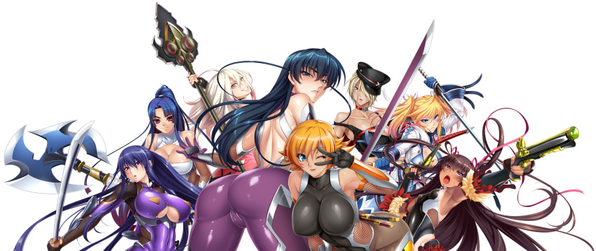 6+girls akiyama_rinko aoi_nagisa_(metalder) ass axe bare_shoulders battle_axe blonde_hair blue_hair blush bodysuit breasts curvy fei_(maidoll) female gun hat huge_ass huge_breasts igawa_asagi igawa_sakura kagami_hirotaka katana kurumi_s._sakazaki large_breasts leotard lilith-soft long_hair looking_at_viewer looking_back mizuki_yukikaze multiple_girls nobushito_kuro open_mouth ponytail red_eyes sanada_homura serious shinganji_kurenai shiny shiny_hair shiny_skin short_hair simple_background skirt small_breasts smile sword taimanin_(series) taimanin_asagi taimanin_kurenai taimanin_rpgx taimanin_yukikaze thighs twintails v very_long_hair weapon yatsu_murasaki zol