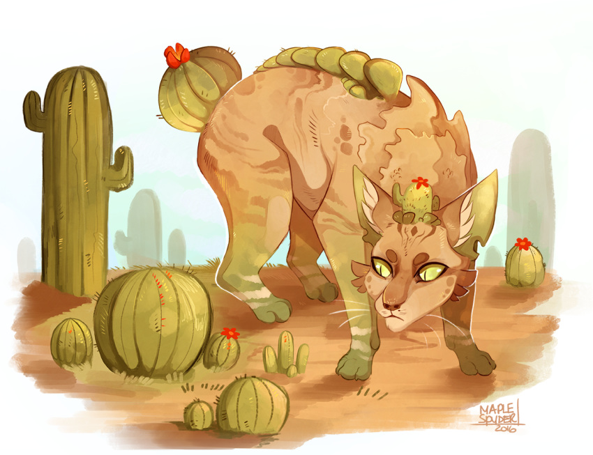 2016 ambiguous_gender cactus cat digital_media_(artwork) feline feral green_eyes hybrid mammal maplespyder paws solo standing yellow_eyes
