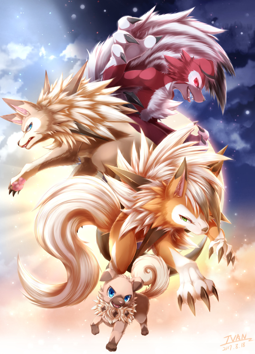 2017 ambiguous_gender anthro blue_eyes brown_fur canine claws detailed_background dusk_lycanroc feral fur green_eyes group ivan-jhang looking_at_viewer looking_back lycanroc mammal midday_lycanroc midnight_lycanroc moon nintendo orange_fur pawpads pok&eacute;mon pok&eacute;mon_(species) red_eyes red_fur rockruff sky sun teeth tongue video_games