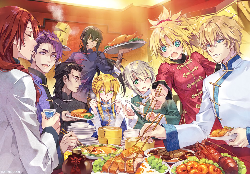 agravain arturia_pendragon bedivere black_hair blonde_hair blue_eyes braids carnelian chinese_clothes drink fang fate/grand_order fate_(series) food gawain green_eyes group lancelot_(fate) long_hair male mordred ponytail purple_eyes purple_hair red_hair short_hair tristan_(fate/grand_order) waifu2x watermark wink yan_qing