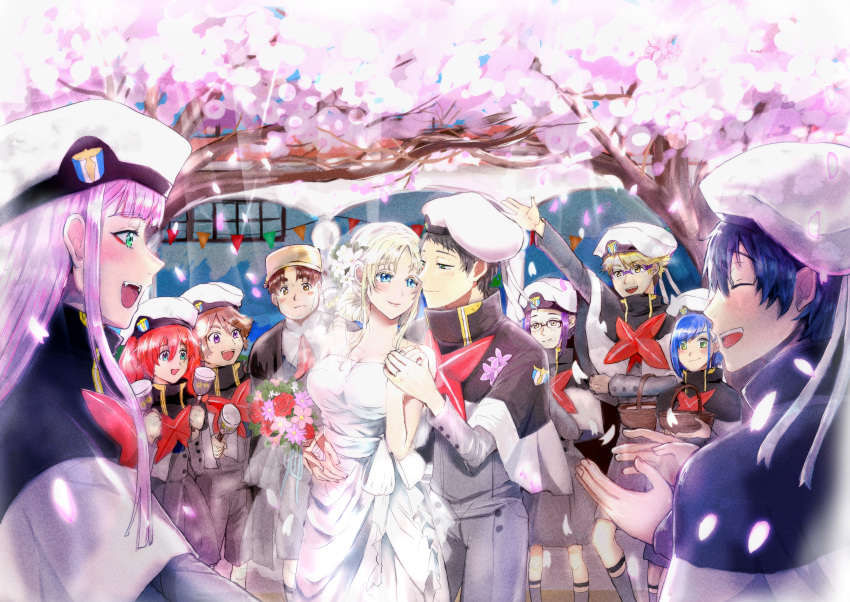 5girls absurdres bangs bare_shoulders bell black_hair blonde_hair blue_eyes blue_hair blush blush_stickers breasts bridal_veil brown_hair capelet cherry_blossoms cleavage closed_eyes collarbone commentary_request couple darling_in_the_franxx dress english_commentary fangs flower futoshi_(darling_in_the_franxx) glasses gorou_(darling_in_the_franxx) green_eyes green_shorts grey_dress grey_legwear grey_shirt hair_ornament hairband hand_up hat hetero highres hiro_(darling_in_the_franxx) holding holding_bell holding_hands horns huge_filesize ichigo_(darling_in_the_franxx) ikuno_(darling_in_the_franxx) jewelry kokoro_(darling_in_the_franxx) light_brown_hair long_hair long_sleeves looking_at_another medium_breasts miku_(darling_in_the_franxx) military military_uniform mitsuru_(darling_in_the_franxx) multiple_boys multiple_girls necktie oni_horns peaked_cap petals pink_hair purple_eyes red_hair red_horns red_neckwear ring shirt shorts sleeveless sleeveless_dress socks temodemo_nor thick_eyebrows tree uniform veil wedding wedding_dress wedding_ring white_dress white_hairband yellow_eyes zero_two_(darling_in_the_franxx) zorome_(darling_in_the_franxx)