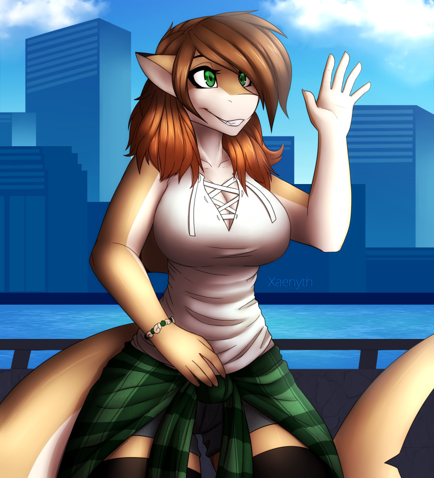 2018 anthro breasts brown_hair city clothed clothing detailed_background digital_media_(artwork) female fish green_eyes hair harbor marine outside shark smile solo standing water waving xaenyth
