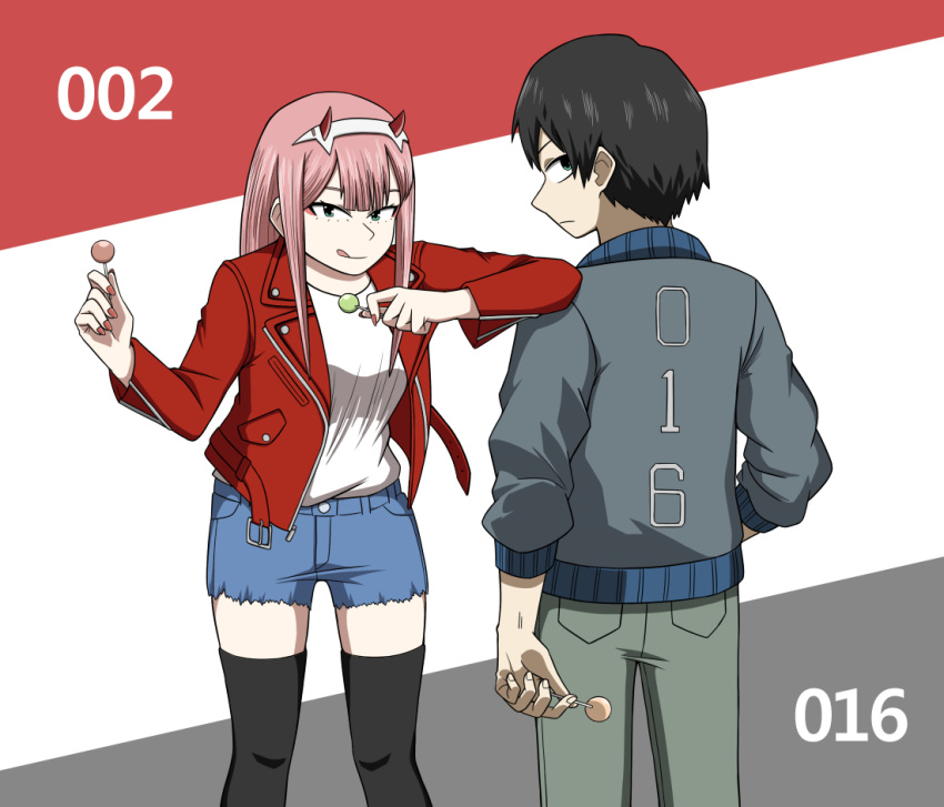 1girl ae-3803 ae-3803_(cosplay) arm_on_shoulder bangs black_hair black_legwear blue_eyes blue_shorts breasts candy character_name commentary_request cosplay couple darling_in_the_franxx food from_behind green_eyes green_pants grey_jacket hair_ornament hairband hand_up hataraku_saibou hetero hiro_(darling_in_the_franxx) holding holding_food holding_lollipop horns jacket lips lollipop long_hair long_sleeves looking_at_viewer looking_back medium_breasts oni_horns open_clothes open_jacket pants parody pink_hair red_blood_cell_(hataraku_saibou) red_blood_cell_(hataraku_saibou)_(cosplay) red_horns red_jacket shirt short_shorts shorts sleeves_rolled_up thighhighs thighs tongue tongue_out white_hairband white_shirt ysd2552 zero_two_(darling_in_the_franxx)