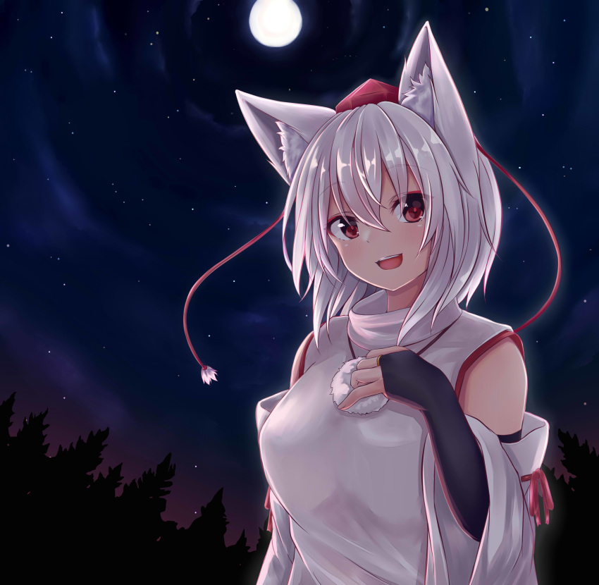 :d absurdres animal_ears banned_artist blush bridal_gauntlets cloud commentary_request detached_sleeves eyebrows_visible_through_hair forest full_moon hat highres inubashiri_momiji looking_at_viewer moon nature night night_sky oohirakeisuke open_mouth outdoors red_eyes short_hair sky smile solo star_(sky) starry_sky tokin_hat touhou turtleneck upper_body white_hair wolf_ears