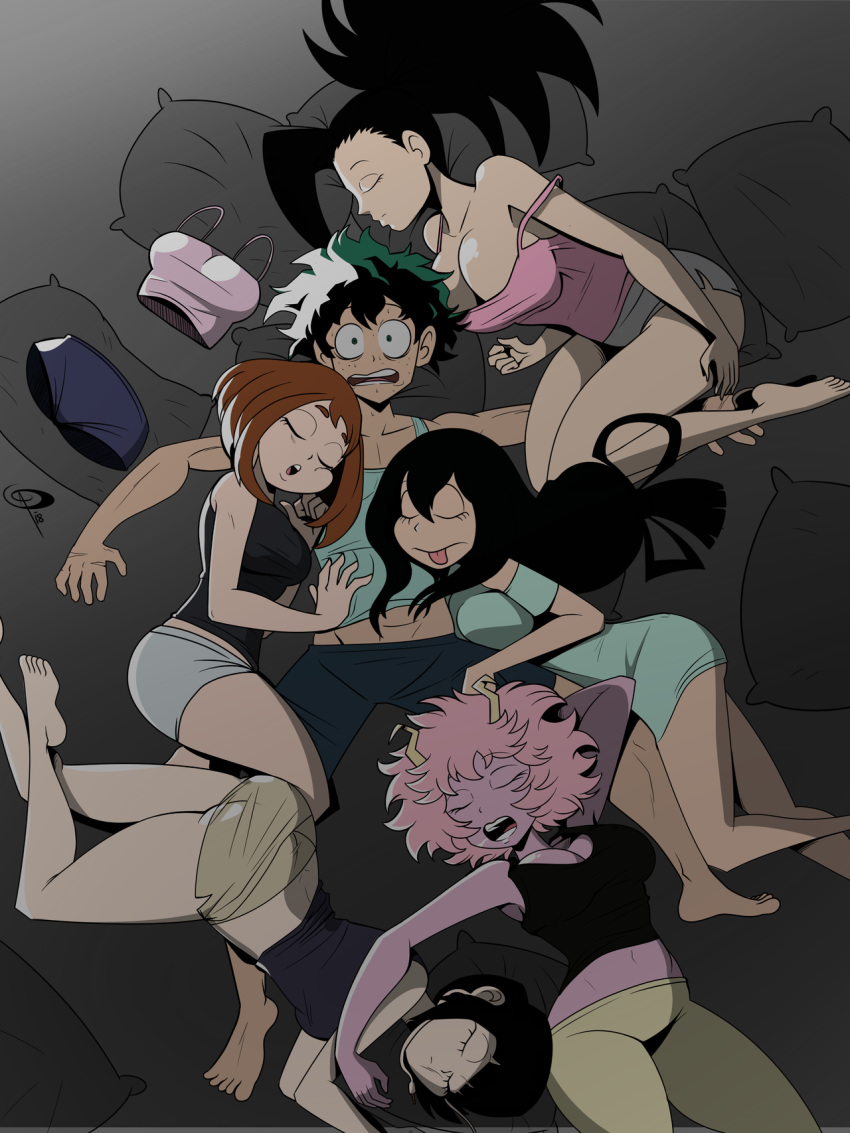 1boy 6+girls ashido_mina asui_tsuyu boku_no_hero_academia breasts cleavage colored hagakure_tooru hand_on_another's_stomach harem hetero highres invisible jirou_kyouka large_breasts leggings lying midoriya_izuku midriff multiple_girls on_back open_mouth pillow short_shorts shorts sleeping strap_slip tank_top uraraka_ochako wide-eyed yaoyorozu_momo