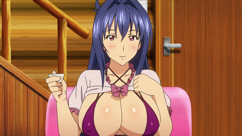 1girl alcohol animated animated_gif between_breasts bikini blue_hair blush bouncing_breasts breasts cellphone cleavage cup erect_nipples erect_nipples_under_clothes huge_breasts kaneko_hiraku maken-ki! maken-ki!_two nijou_aki nipples phone purple_eyes string_bikini swimsuit takami_akio tight vibrating xebec