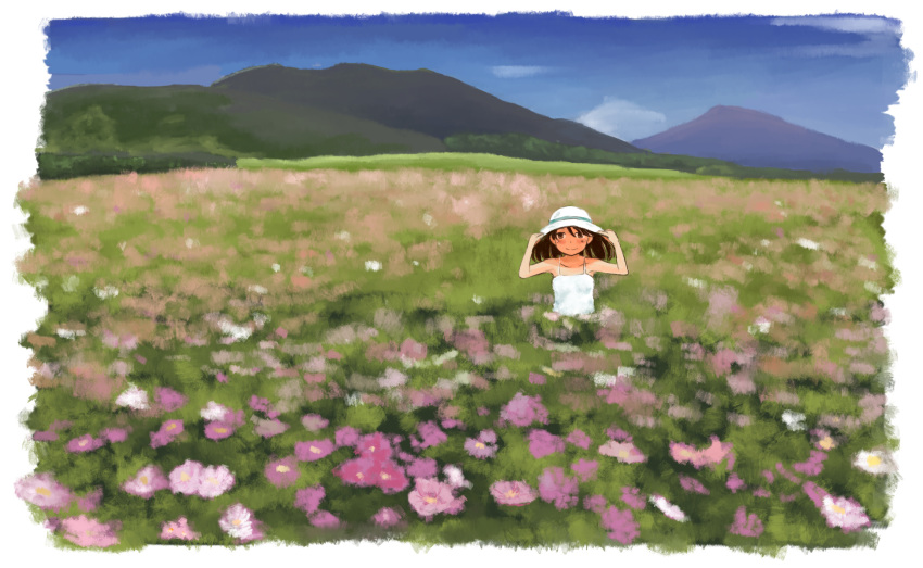 bare_shoulders blue_sky brown_hair casual collarbone commentary_request day dress field flower flower_field hat highres kantai_collection medium_hair mountainous_horizon outdoors ryuujou_(kantai_collection) scenery sky solo sun_hat sundress taruhi