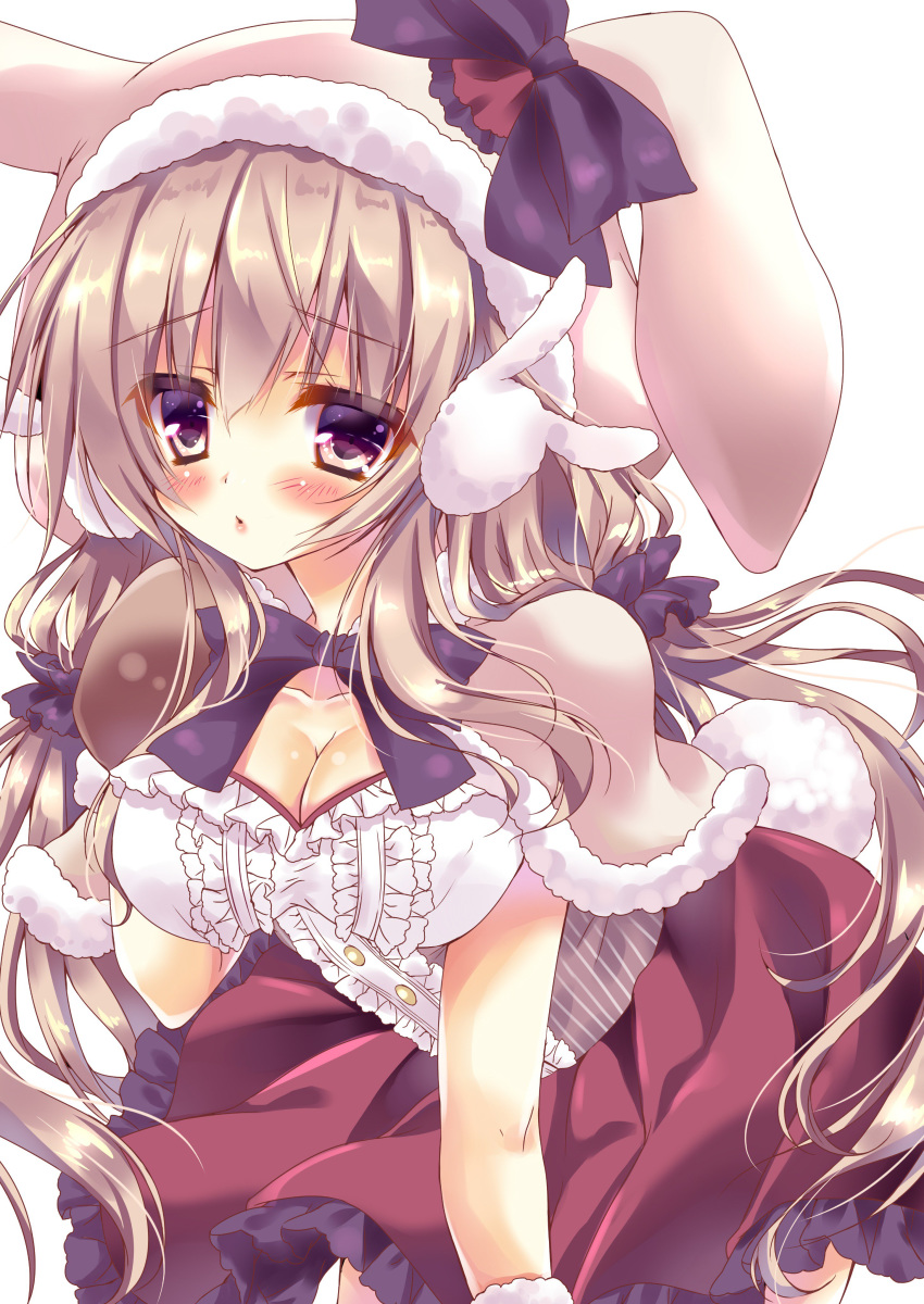 absurdres animal_ears animal_hat arm_up bangs blush bow bowtie breasts bunny_earmuffs bunny_ears bunny_hat bunny_tail capelet center_frills cleavage commentary_request dress ears_down eyebrows_visible_through_hair frilled_dress frilled_skirt frills fur-trimmed_capelet fur-trimmed_mittens fur_trim hair_between_eyes hair_ornament hair_scrunchie hat hat_bow highres honoka_chiffon leaning_forward light_brown_hair lips long_hair looking_at_viewer medium_breasts moka_(honoka_chiffon) original pink_capelet pink_hat purple_bow purple_eyes red_skirt scrunchie sidelocks skirt solo tail tied_hair very_long_hair wavy_hair