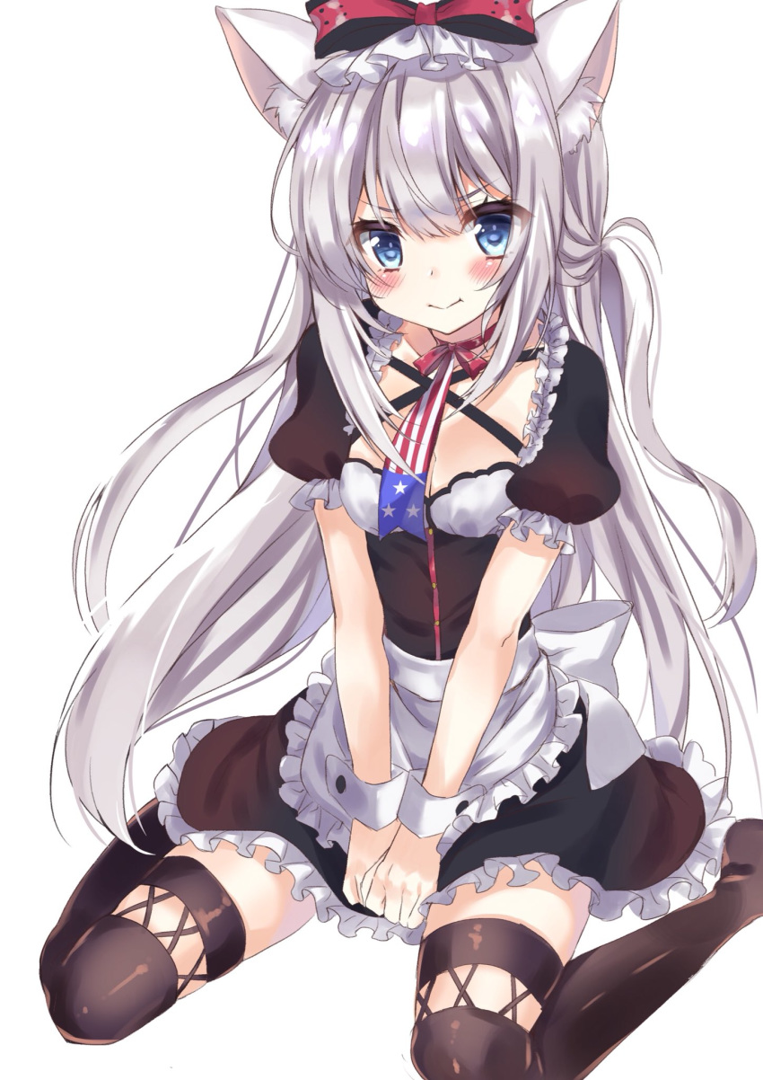 :t american_flag american_flag_neckwear american_flag_print animal_ear_fluff animal_ears apron azur_lane bangs black_dress black_legwear black_skirt blue_eyes blush boots bow breasts cat_ears cleavage closed_mouth commentary_request dress eyebrows_visible_through_hair flag_print frill_trim frilled_apron frilled_sleeves frills hair_between_eyes hair_bow hammann_(azur_lane) highres honoka_chiffon knee_boots long_hair looking_at_viewer nose_blush one_eye_closed one_side_up pout print_neckwear puffy_short_sleeves puffy_sleeves red_bow short_sleeves sidelocks silver_hair simple_background sitting skirt small_breasts solo thighhighs tied_hair very_long_hair waist_apron wariza white_apron white_background wrist_cuffs