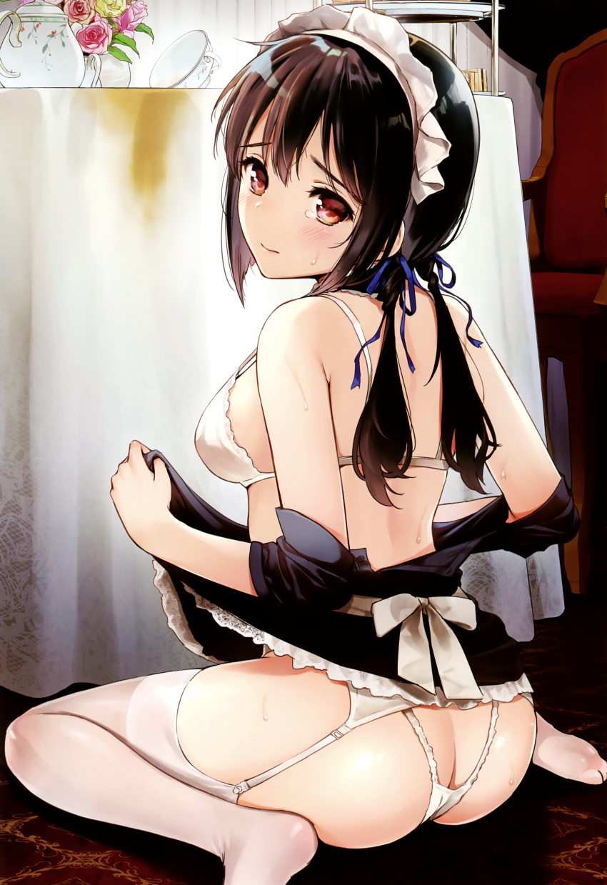 absurdres ass back backless_panties bangs bare_shoulders black_dress blue_ribbon breasts brown_hair chair cup dress dress_lift flower food from_behind garter_belt hair_ribbon highres lifted_by_self long_hair looking_at_viewer looking_back low_twintails maid maid_headdress medium_breasts melonbooks no_shoes on_floor open_clothes open_dress panties pink_flower pink_rose red_eyes ribbon rose sandwich scan sideboob sitting solo spill strap_gap sweat table tablecloth tea teacup teapot thighhighs twintails umakuchi_shouyu underwear undressing vase wariza white_legwear white_panties