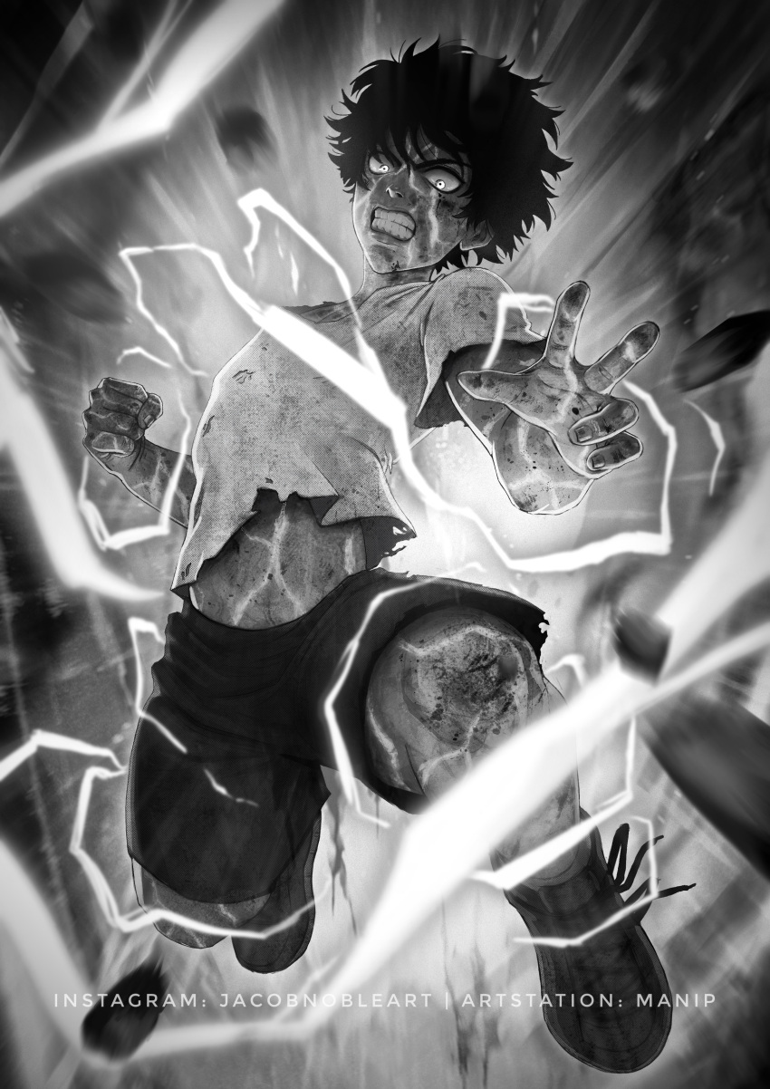 1boy absurdres action bangs boku_no_hero_academia clenched_hand clenched_teeth debris dust electricity explosion glowing glowing_eyes greyscale highres incoming_attack incoming_punch injury jumping looking_at_viewer male_focus manip midoriya_izuku midriff monochrome motion_blur outstretched_arm punching shirt short_hair short_sleeves shorts solo t-shirt teeth torn_clothes w