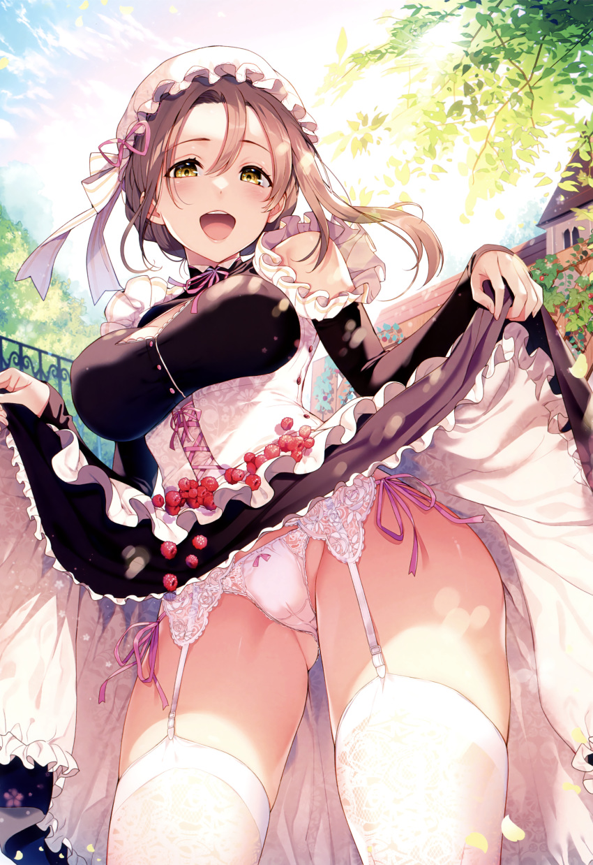 absurdres ass_visible_through_thighs bangs berry bikini blush bow bow_panties brown_eyes brown_hair buttons cut_(bu-kunn) day dress eyebrows_visible_through_hair fingernails food frills fruit garter_straps headdress highres holding_skirt house leaf lifted_by_self lips looking_at_viewer maid maid_cap melonbooks open_mouth outdoors panties petals scan side-tie_bikini skirt skirt_lift smile solo swimsuit thighhighs tree_branch turtleneck underwear white_legwear white_panties