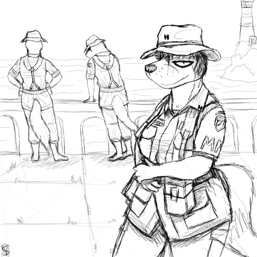 2018 anthro army big_breasts black_and_white breasts canine clothed clothing english_text female fox hat hi_res mammal military monochrome peggy_patterson savagelyrandom soldier text uniform