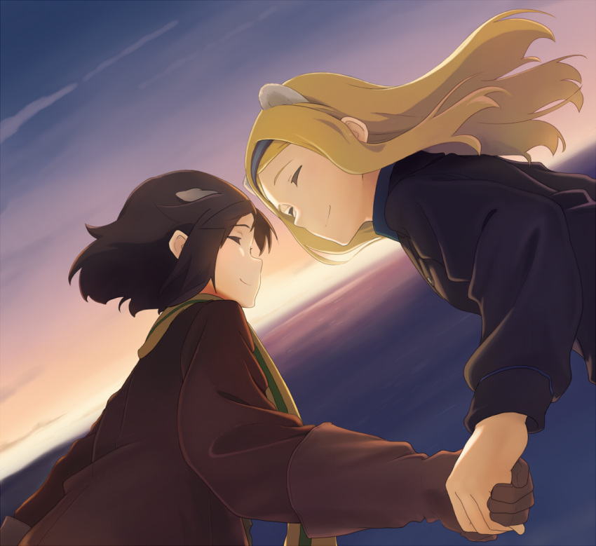 aleksandra_i_pokryshkin animal_ears birthday black_hair blonde_hair brave_witches closed_eyes commentary dog_ears dutch_angle flying gloves hairband happy holding_hands jacket kanno_naoe leather leather_jacket long_hair multiple_girls ocean scarf shiratama_(hockey) short_hair sky smile sunset world_witches_series yuri