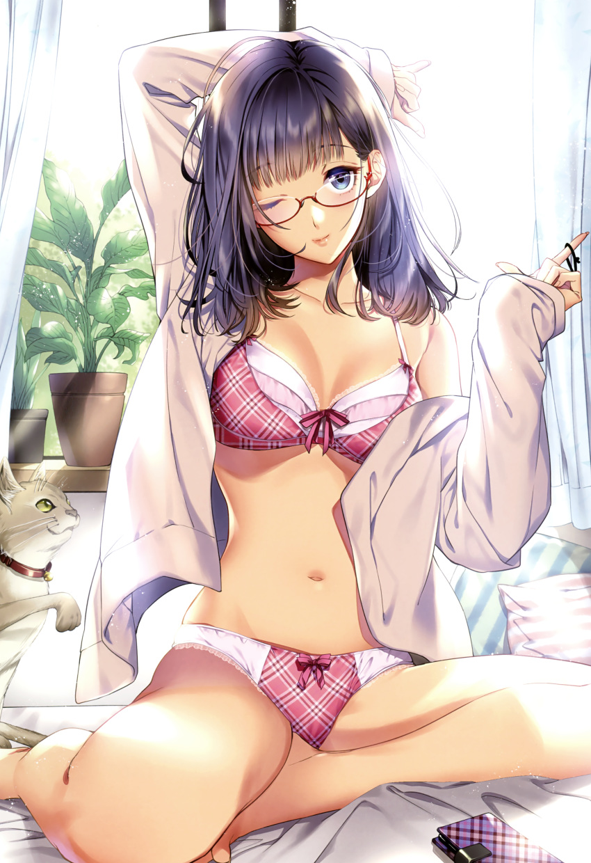 ;) absurdres animal arm_up bangs bare_legs bare_shoulders barefoot bed_sheet black_hair blue_eyes blush bow bow_panties bra breasts cat cleavage closed_mouth collarbone curtains day glasses hair_tie head_tilt highres lace lace-trimmed_bra lips long_hair long_sleeves looking_at_viewer medium_breasts melonbooks navel oda_suzuka off_shoulder on_bed one_eye_closed open_clothes open_shirt panties pillow pink_bra pink_lips pink_panties pink_ribbon plaid plaid_bra plaid_panties plant potted_plant red-framed_eyewear ribbon scan semi-rimless_eyewear shirt sitting sleeves_past_wrists smartphone_case smile solo stomach sunlight under-rim_eyewear underwear white_shirt