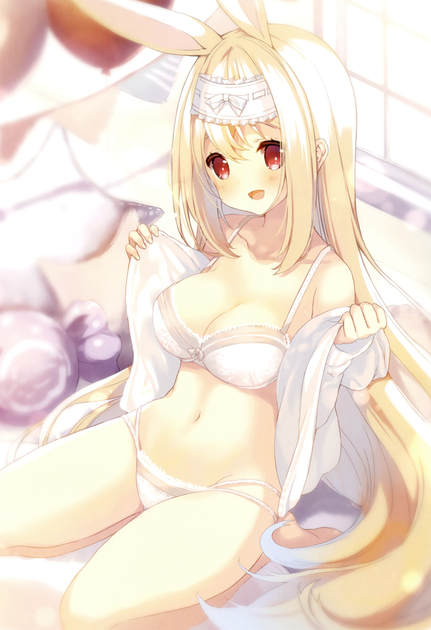 absurdres animal_ears bangs blonde_hair blurry bow bow_bra bra breasts bunny_ears cleavage collarbone cynthia_riddle frilled_headband frills head_tilt highres lace lace-trimmed_bra lace-trimmed_panties light_blush long_hair looking_at_viewer medium_breasts navel no_pants off_shoulder open_clothes open_mouth open_shirt original p19 panties red_eyes seiza shirt sitting smile underwear undressing very_long_hair white_bra white_headband white_panties white_shirt