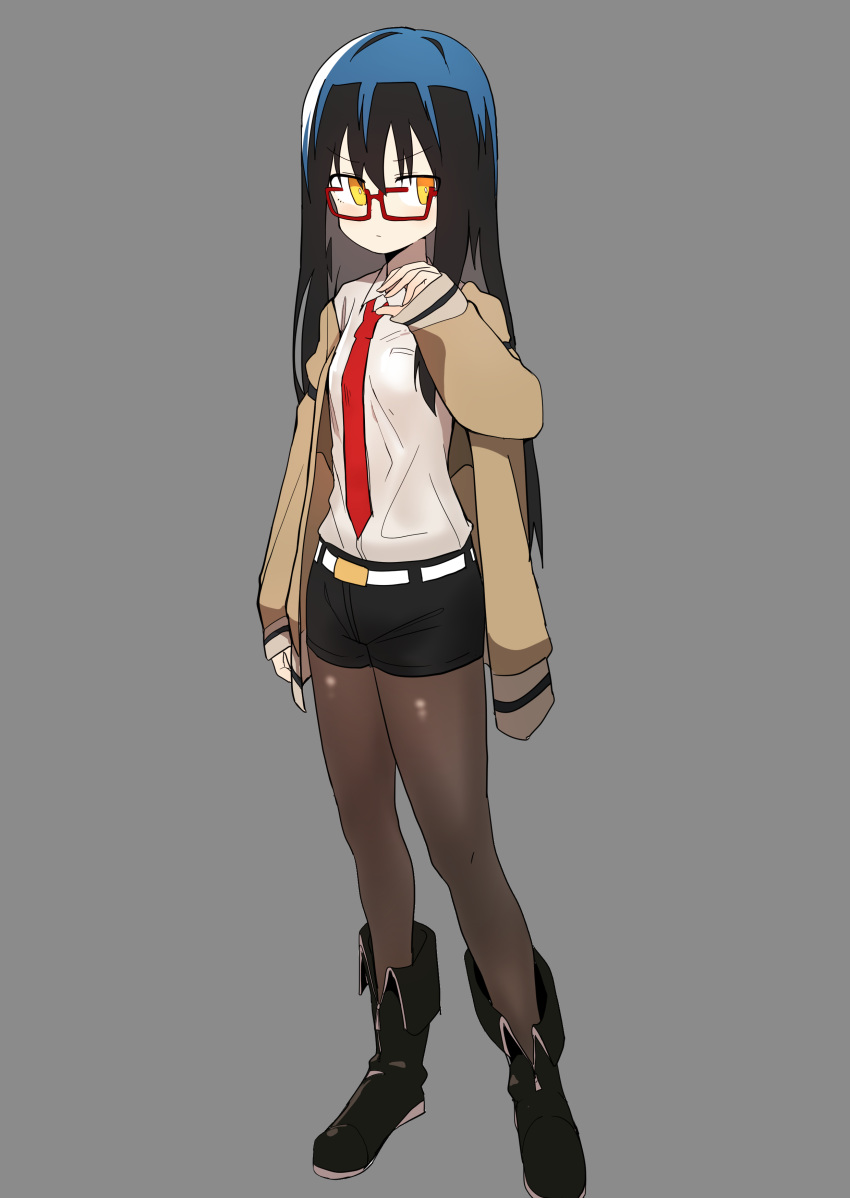 absurdres belt black_hair black_legwear blush boots bural_chingu cosplay eyebrows_visible_through_hair full_body glasses hair_between_eyes highres jacket ju_hyeon-mi legwear_under_shorts long_hair luke_(dydansgur) makise_kurisu makise_kurisu_(cosplay) necktie original pantyhose pantyhose_under_shorts red-framed_eyewear red_neckwear shorts solo steins;gate