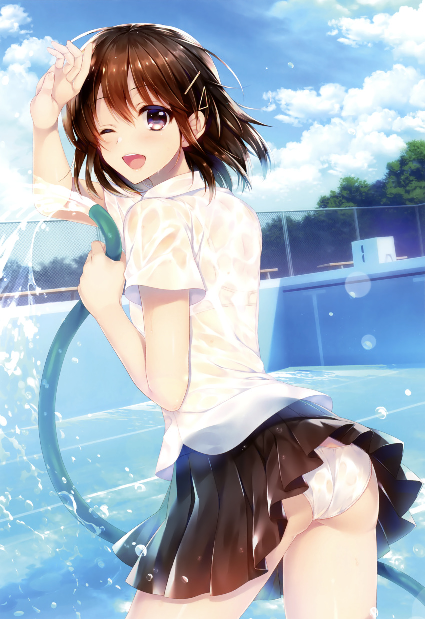 :d absurdres alpha_(yukai_na_nakamatachi) arm_up ass black_skirt blue_sky brown_eyes brown_hair cloud cowboy_shot day empty_pool floating_hair hair_between_eyes hair_ornament highres lens_flare looking_at_viewer looking_back miniskirt open_mouth original outdoors panties pleated_skirt shiny shiny_hair shirt short_hair short_sleeves skirt sky smile solo standing underwear water wet wet_clothes wet_shirt white_panties white_shirt
