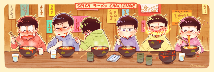 &gt;_&lt; :3 :t ^_^ ahoge bangs black_hair blush border bowl bowl_stack breathing_fire brothers chewing chopsticks clenched_hand closed_eyes closed_mouth clothes_grab commentary cup drinking_glass eating egg fire flying_sweatdrops food food_in_mouth food_on_face furrowed_eyebrows hand_on_another's_shoulder hijirisawa_shonosuke hood hood_down hoodie hot indoors long_sleeves male_focus matsuno_choromatsu matsuno_ichimatsu matsuno_juushimatsu matsuno_karamatsu matsuno_osomatsu matsuno_todomatsu meoon motion_lines mouth_hold multiple_boys noodles note open_mouth osomatsu-kun osomatsu-san outline photo_(object) ramen rounded_corners runny_nose sextuplets siblings sleeves_past_wrists sparkle spicy spill steam table tears thumbs_up tissue trembling twitter_username upper_body water wooden_table wooden_wall yellow_border yunomi