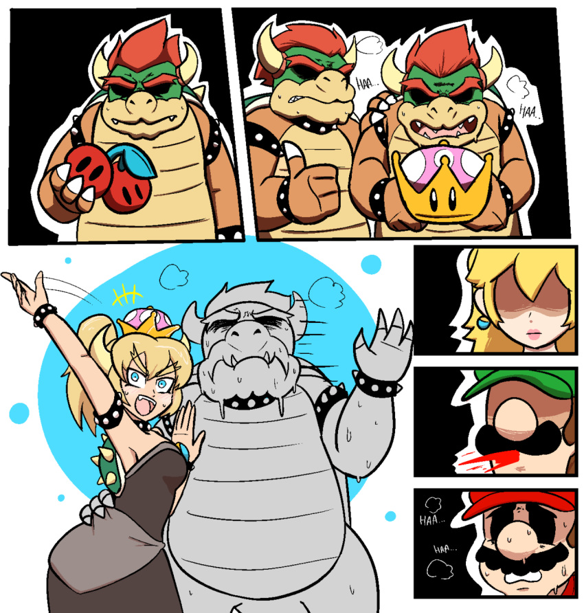 3boys 4koma :d aqua_eyes arm_around_waist black_collar black_dress blonde_hair blue_earrings borrowed_design bowser bowsette bracelet breasts breath brown_hair cherry clenched_teeth clone closed_mouth collar comic commentary couple crown dabloons double_cherry dress dual_persona earrings english english_commentary facial_hair fang fangs fangs_out flat_color food forked_eyebrows fruit gameplay_mechanics genderswap genderswap_(mtf) green_hat hand_on_another's_hip hand_on_another's_shoulder hat heavy_breathing hetero high_ponytail highres holding holding_crown holding_food holding_fruit horns jewelry long_hair luigi mario mario_(series) multiple_boys multiple_girls mustache new_super_mario_bros._u_deluxe open_mouth outstretched_arm personification princess_peach red_hat red_shirt selfcest shaded_face sharp_teeth shirt silent_comic smile spiked_armlet spiked_bracelet spiked_collar spiked_shell spikes spitting spitting_blood strapless strapless_dress super_crown super_mario_3d_world super_mario_bros. super_mario_odyssey sweat sweating_profusely teeth thick_eyebrows thumbs_up transformation turn_pale v-shaped_eyebrows waving