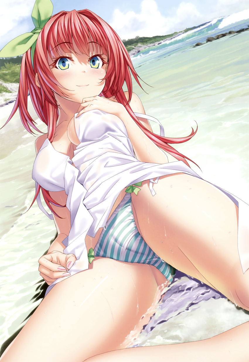 absurdres arm_support ass_visible_through_thighs bangs bare_arms bare_shoulders beach black_nails blue_panties blush breasts cameltoe cleavage closed_mouth cloud cloudy_sky day eyebrows_visible_through_hair fingernails green_eyes green_ribbon hair_ribbon hand_on_own_chest highres kannatsuki_noboru long_hair lying medium_breasts melonbooks nail_polish no_bra no_pants ocean on_side panties pink_lips red_hair ribbon scan shallow_water shirt sky sleeveless sleeveless_shirt smile solo striped striped_panties thighs underwear water waves white_shirt