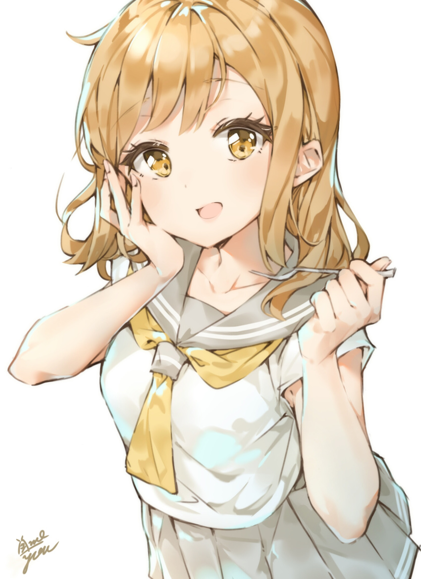 1girl :d bangs blonde_hair collarbone commentary_request eyebrows_visible_through_hair eyelashes fork grey_sailor_collar grey_skirt hand_on_own_cheek hands_up highres holding holding_fork kunikida_hanamaru long_hair looking_at_viewer love_live! love_live!_sunshine!! miniskirt necktie open_mouth pleated_skirt sailor_collar school_uniform shirt short_sleeves sidelocks signature simple_background skirt smile solo takenoko_no_you upper_body white_background white_shirt yellow_eyes yellow_neckwear